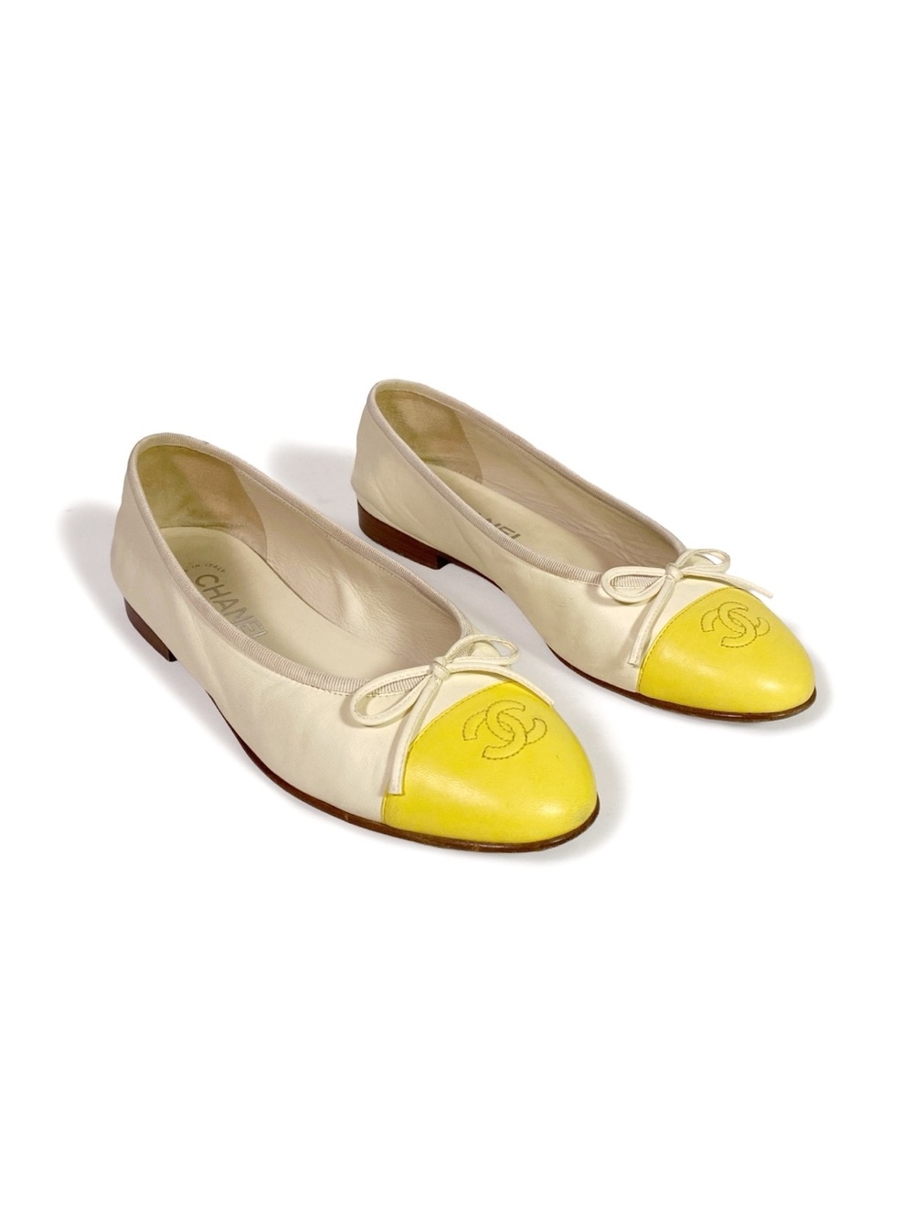 Chanel CC Cap Toe Ballet Flats Bow Yellow